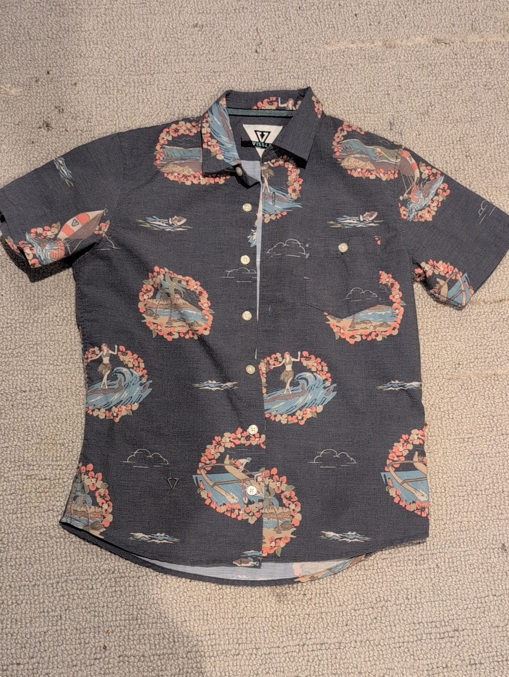 VISSLA Boys Heathered Blue Short Sleeve Tropical Print Button-Up Shirt